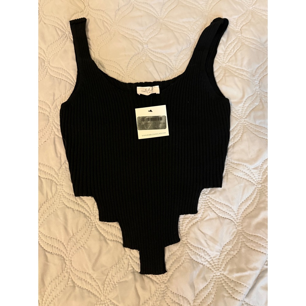 Bobbles & Lace Weekend Festival Black Ribbed Asymmetrical Stepped Hem Tank Top L